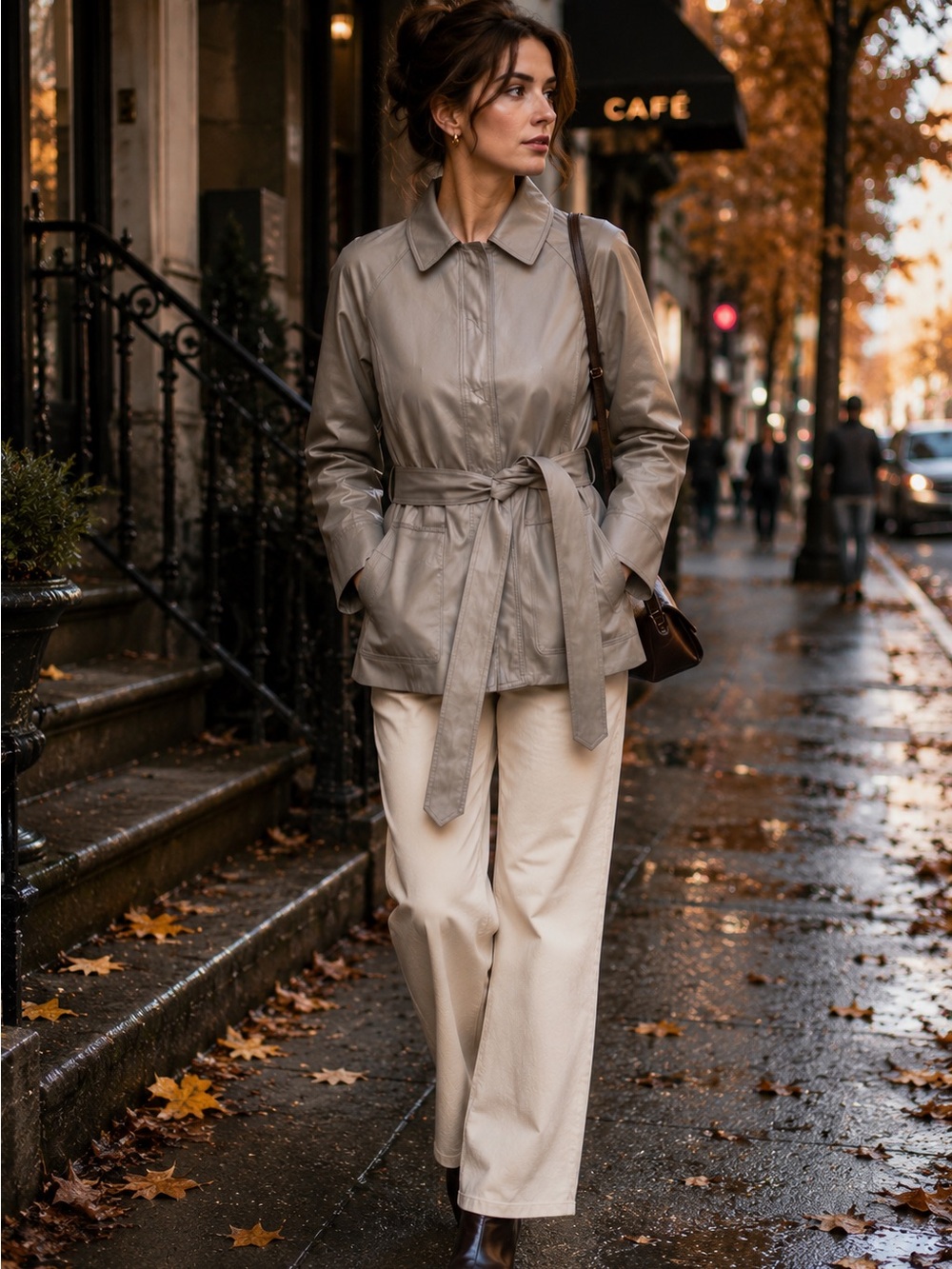 Belted Satin Sheen Safari Trench Coat Jacket Silver Taupe Talbots Petites 14